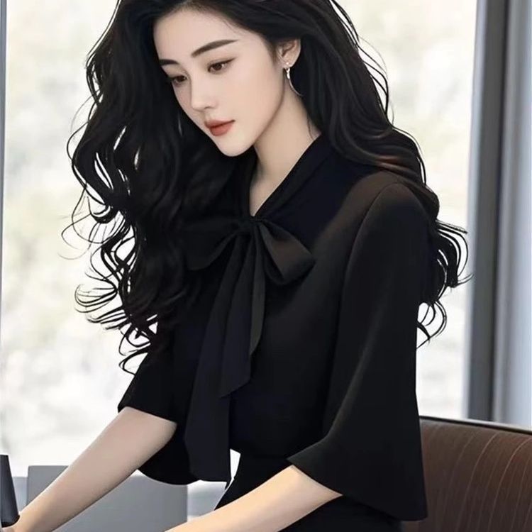 2025夏季新款时尚女装气质显瘦衬衫女蝴蝶结微喇袖雪纺小衫上衣潮|undefined