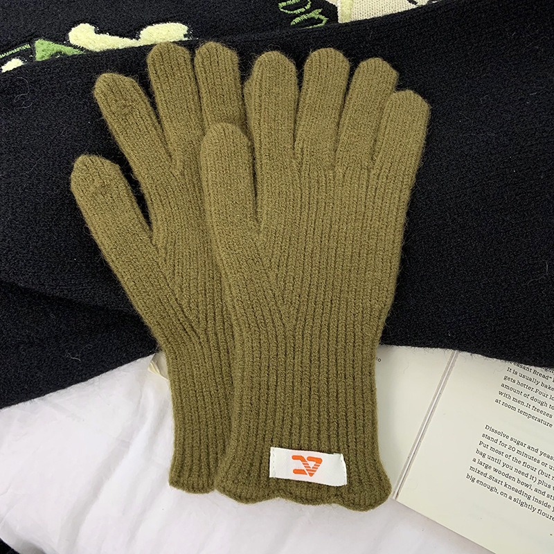 Guantes de lana de punto para mujeres otoño y invierno alargados y gruesos guantes de ciclismo de encaje caliente de color sólido con pantalla táctil