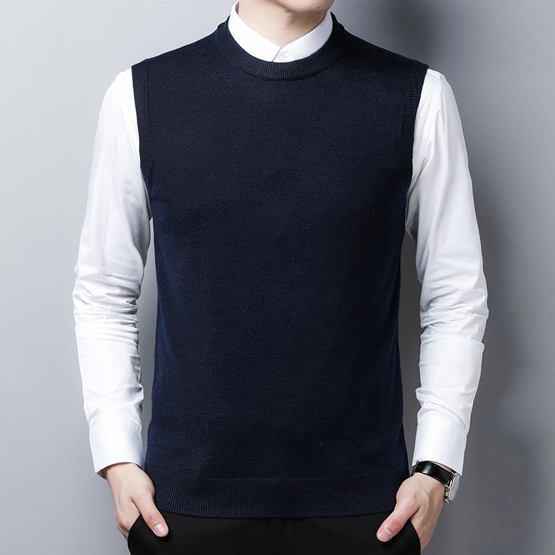 Winter Wool Vest Men's Middle-aged and Elderly Round Neck Solid Color Knitted Sweater Vest for Dad