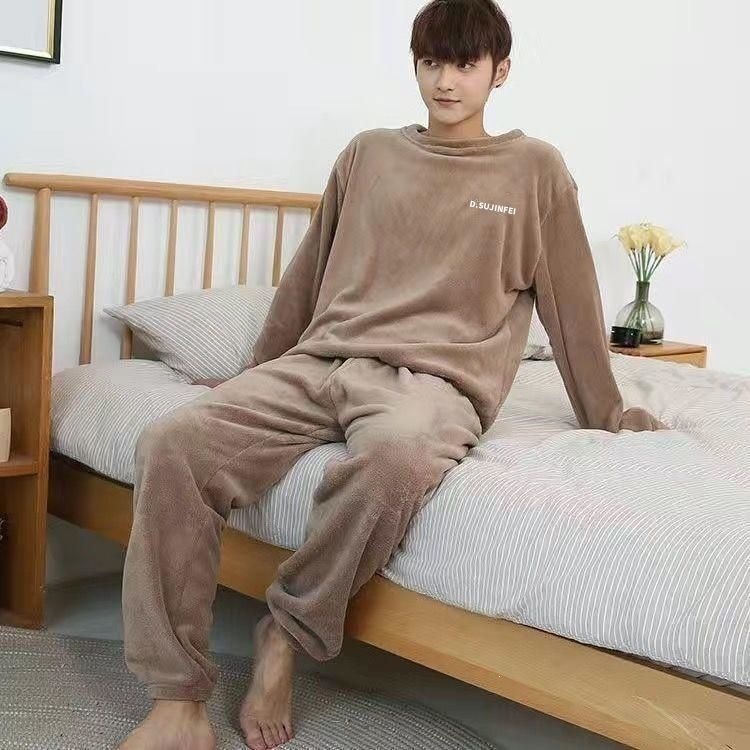 特大码宽松珊瑚绒睡衣男冬季简约加绒加厚家居服冬天家居服套装