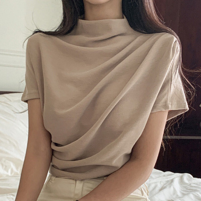 South Korea Chic Summer Age-reducing Fashion Niche Elegant High-end Half-high Collar Oblique Pleated Unique Design Top for Women