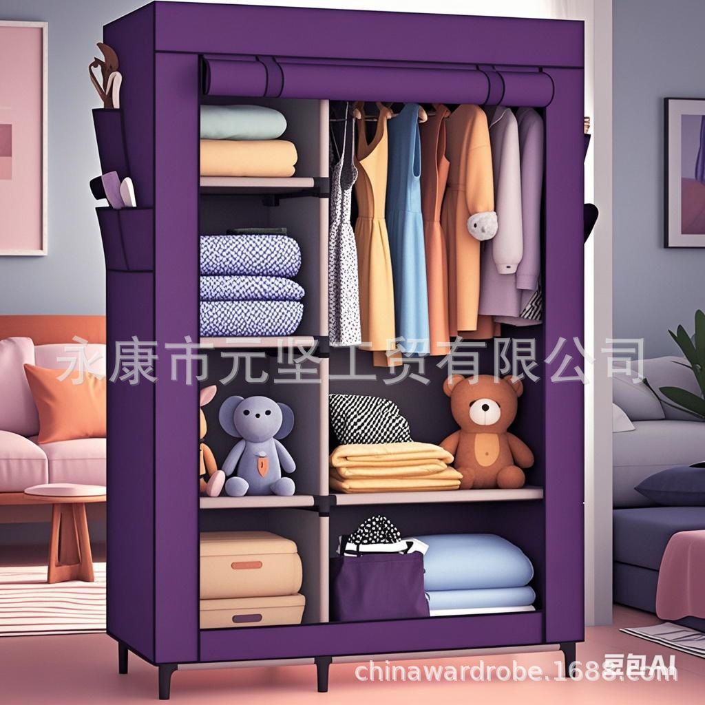 Armario de tela simple, armario de almacenamiento, armario a prueba de polvo, dormitorio, marco de acero, combinación de refuerzo, armario de estudiantes de alquiler al por mayor