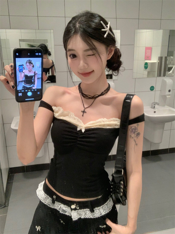 一字肩两穿蕾丝拼接吊带背心女夏季甜酷辣妹内搭显瘦外穿无袖上衣|undefined