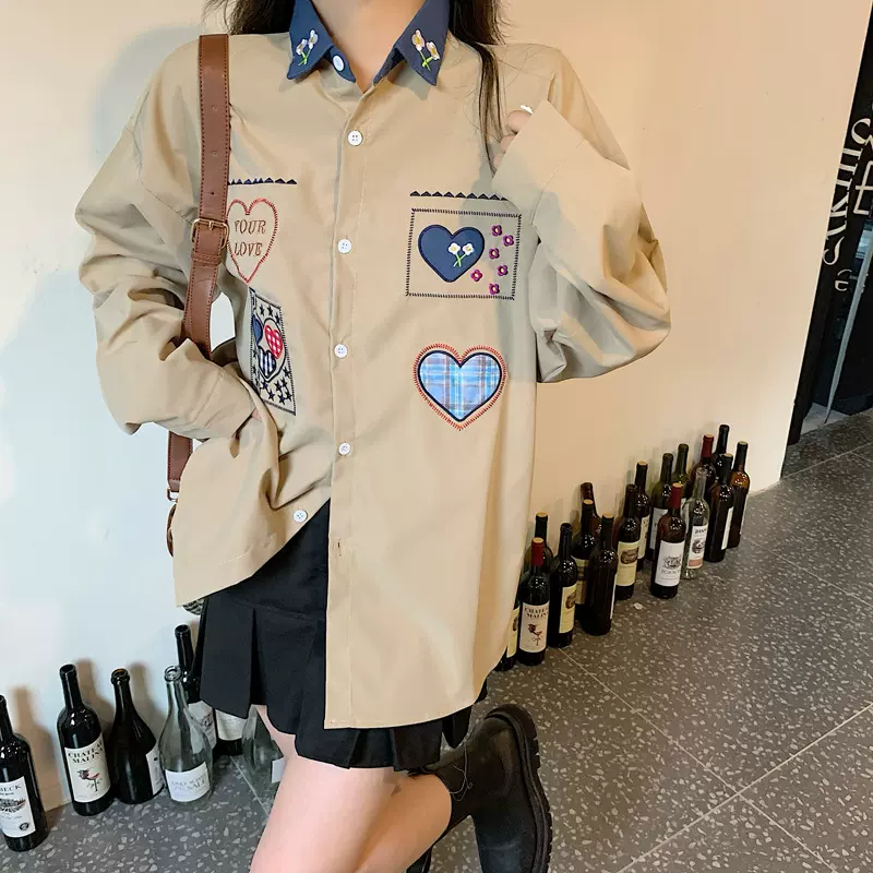 跨境复古清新爱心刺绣衬衫女2021春夏新款宽松长袖设计感小众定制