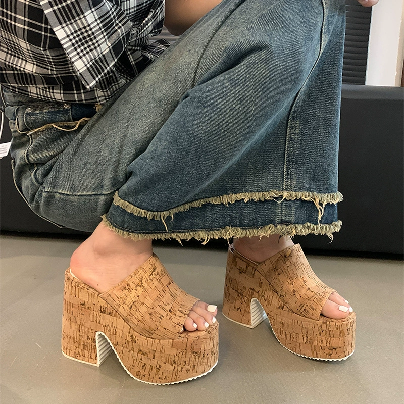 2024 летний новый европейский и американский 12cm супер высокие каблуки женские тапочки сосновые кексы с толстым дном из дерева грубые каблуки холодные тапочки внешняя торговля 42