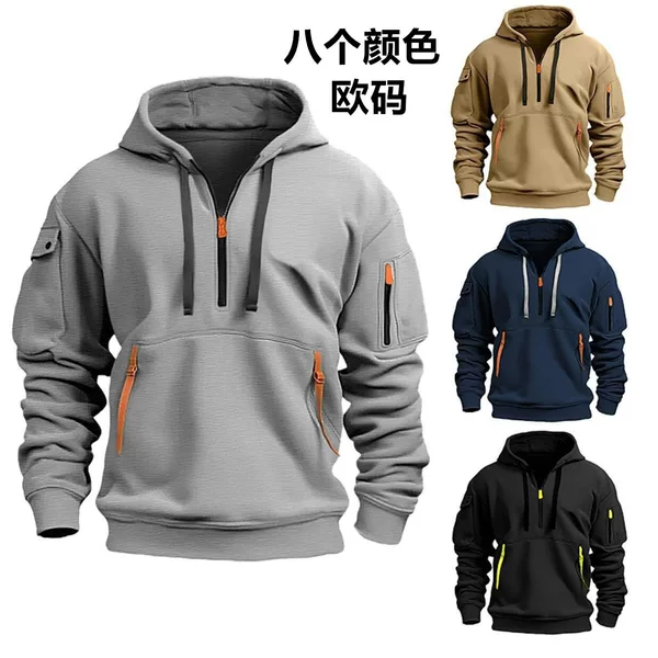 Cross-border Autumn and Winter Men's Sweatshirt Hoodie Half Zipper Multi-pocket Pullover Men's Ribbon Hooded Sweatshirt European Size