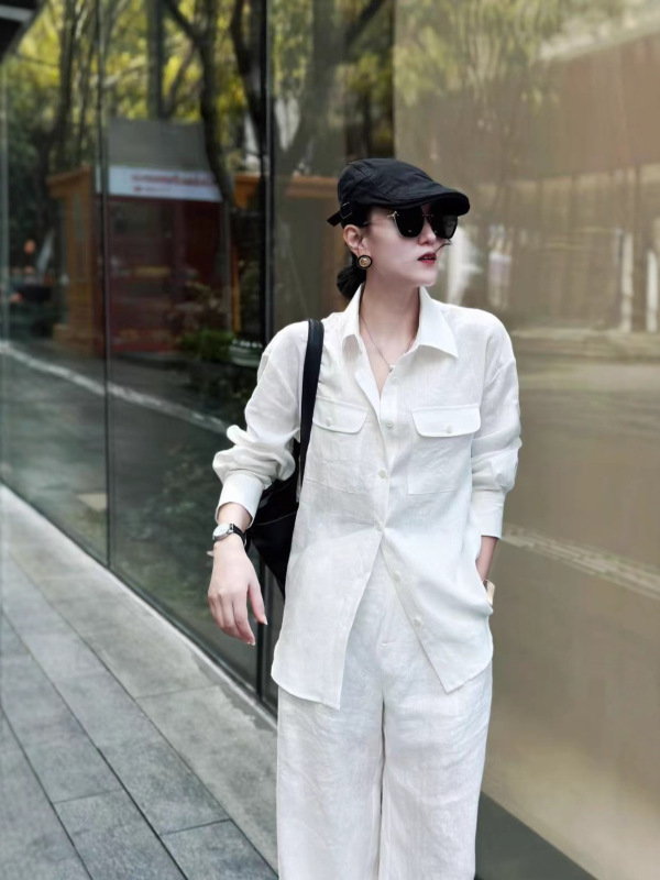 老钱风亚麻套装女2025秋新款简约宽松防晒衬衣休闲直筒长裤两件套|undefined