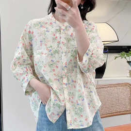 秋季新款 草碎花立领气质七分袖衬衫 女夏装新款宽松显瘦上衣