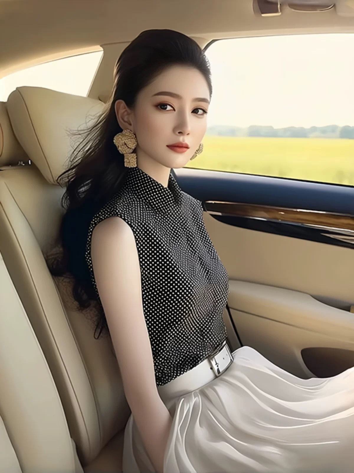 Áo sơ mi không tay nữ kiểu Pháp chấm bi đen ôm nhẹ — màu đen
