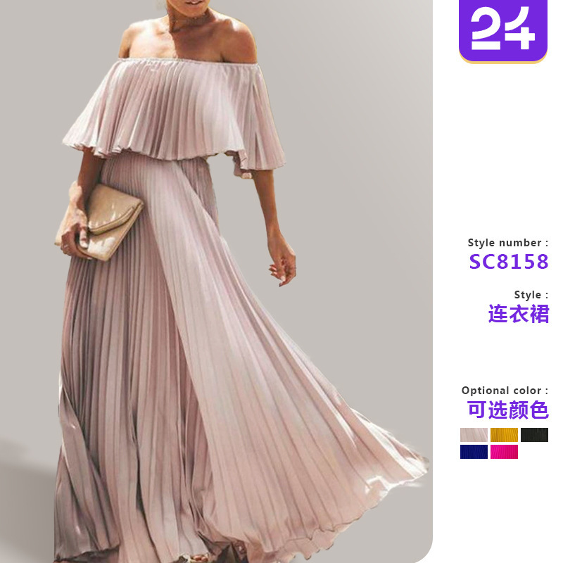 2026 New European and American Women's Long Dress, Cross-Border Sexy Off-Shoulder One-Shoulder Pleated Chiffon Evening Dress