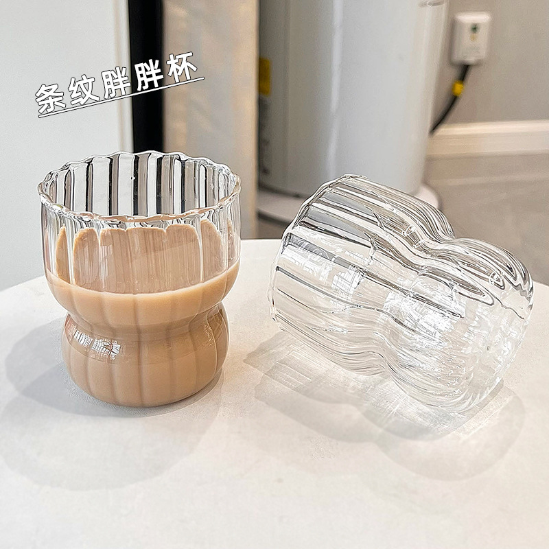 Taza de café resistente al calor con lazo rosa, taza de vidrio de borosilicato alto, patrón vertical, taza gorda, taza de té, corazón de niña