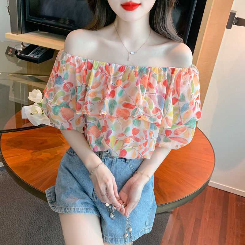 夏の新しいデザインバブル半袖ニッチトップミントワンショルダー甘い花柄シフォンシャツ女性用|undefined