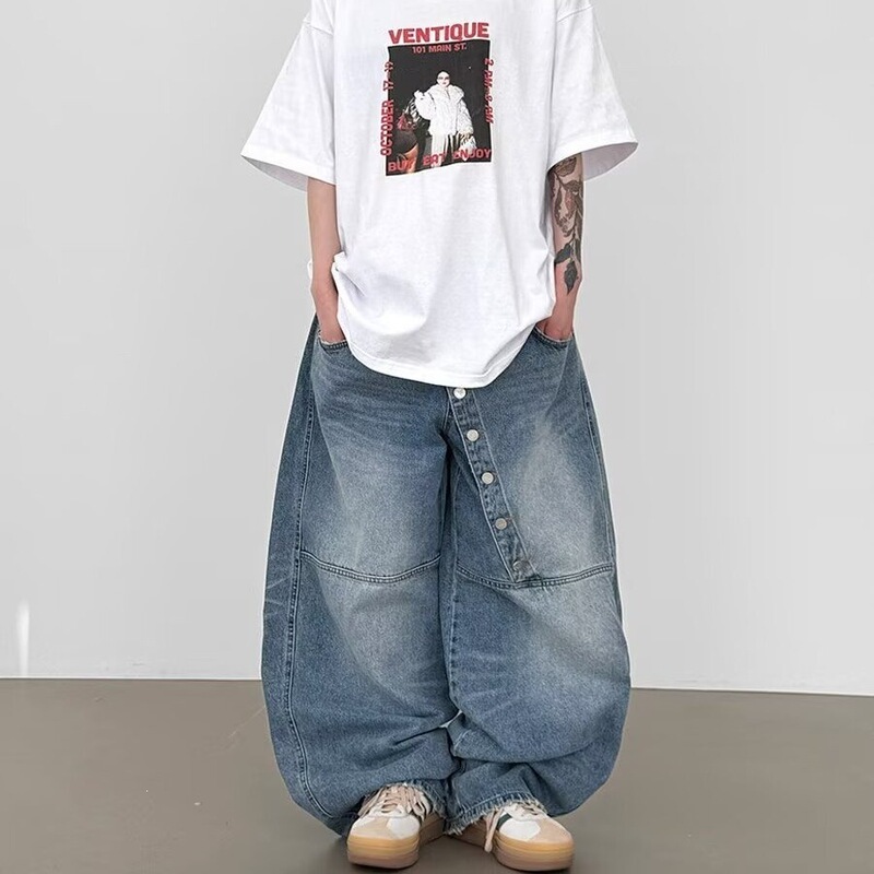 Parisian-style American vintage washed curved hem jeans for men, cool and stylish, high street loose straight wide-leg work pants