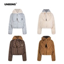 UNBDNS美式复古格纹双面穿翻领毛绒棉服外套女冬季新款宽松加厚潮