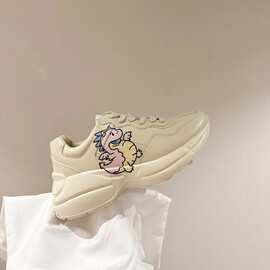 GG高定小粉龙印花时尚厚底老爹鞋女真皮百搭小个子日常通勤休闲鞋
