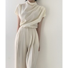 韩国女装东大门高货珍珠白立领斜褶设计上衣+高腰褶皱休闲裤长裤