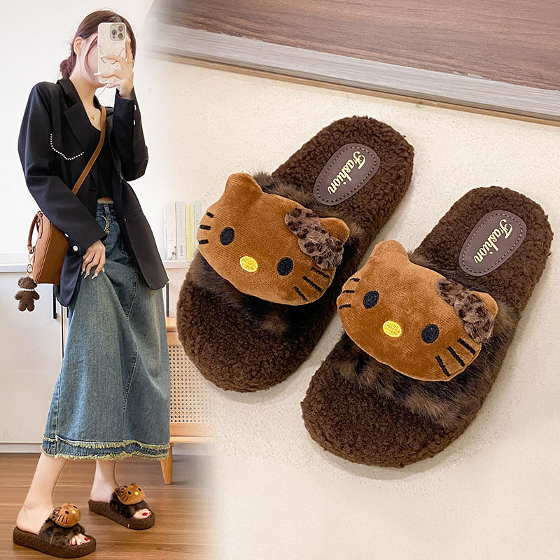 可爱kitty猫豹纹毛毛拖鞋女秋冬季外穿保暖家居棉拖鞋防滑一字拖|undefined