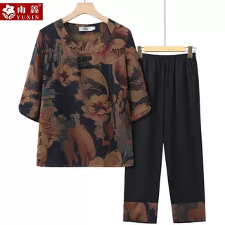 中老年套装女冰丝妈妈开衫短袖大码奶奶宽松夏季老太太套头家居服