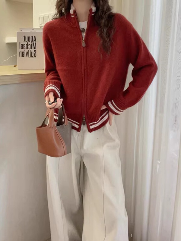 2026 Autumn High Collar Color-Block Zipper Cardigan for Women, Pure Wool Sweater, European Style Thick Autumn-Winter Cashmere Knit Coat