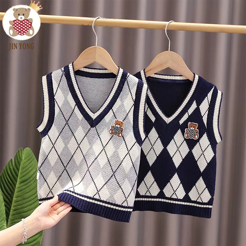 [Oso Jin Yong] Chaleco de punto de algodón para niños Chaleco de punto para niños puro algodón bebé estilo universitario
