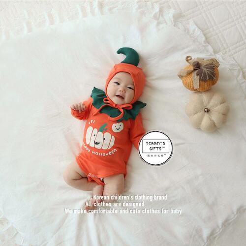 2024 Autumn Korean style children's jumpsuit ins style pumpkin shape baby harem Halloween series crawl suit