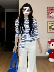 韩系蓝白条纹绑带长袖t恤女秋季2025新款设计感别致甜酷上衣