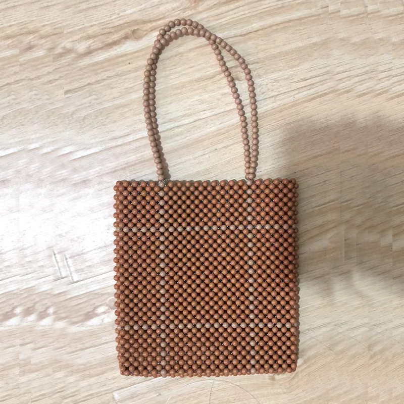 手工串珠包咖灰色珠子田字单排手提圆珠女包格子靓女手提灰色珠包