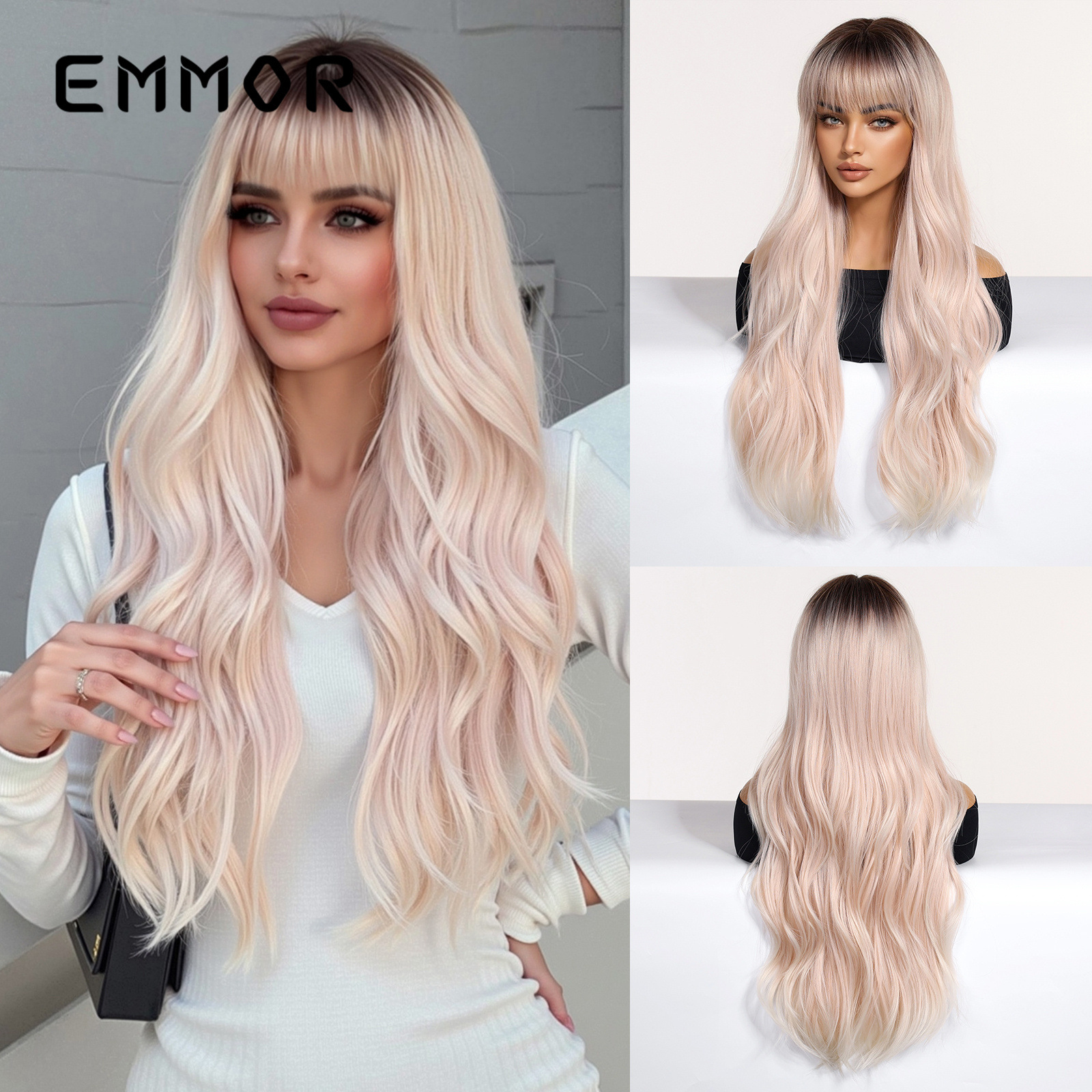 Peluca de cubierta completa para mujer, peluca de flequillo de aire rosa degradada para mujer, cabello rizado, seda mate de alta temperatura, fábrica de cabello de fibra química