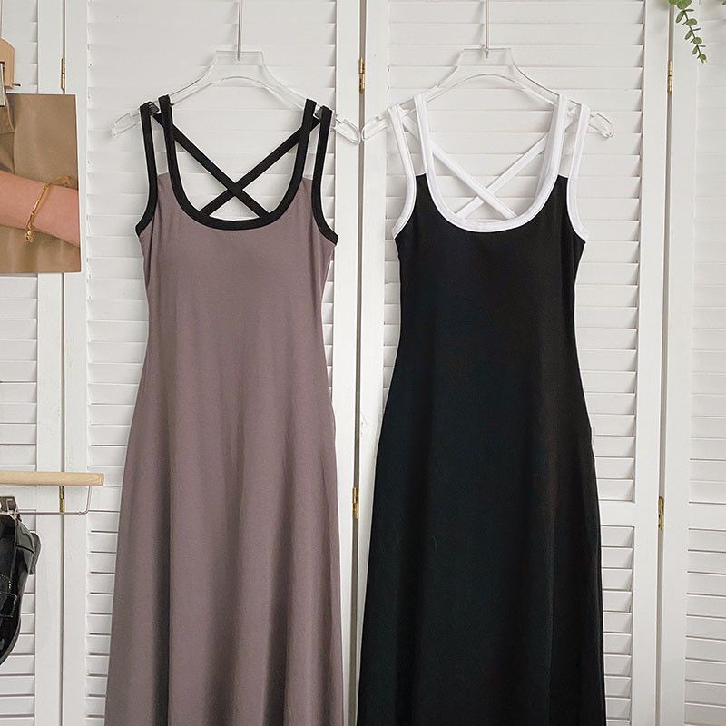 콘트라스트 더블 숄더 벨트 조끼 원피스 여자 봄 새 한국식 슬림핏 슬리밍 가슴 패드와 함께 올매치 롱 원피스