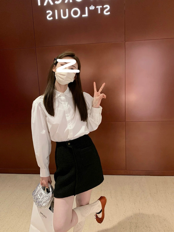 白色韩国chic气质百搭翻领宽松褶皱泡泡袖衬衫女春秋韩版G1462|undefined