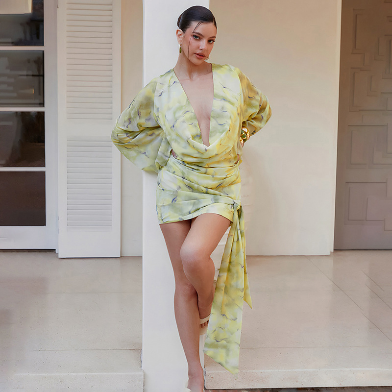 D25Ds425 European and American Women's Autum New Floral Tie-Dye Printed Swing Collar Trumpet Long-Sleeved Ribbon Long Dress