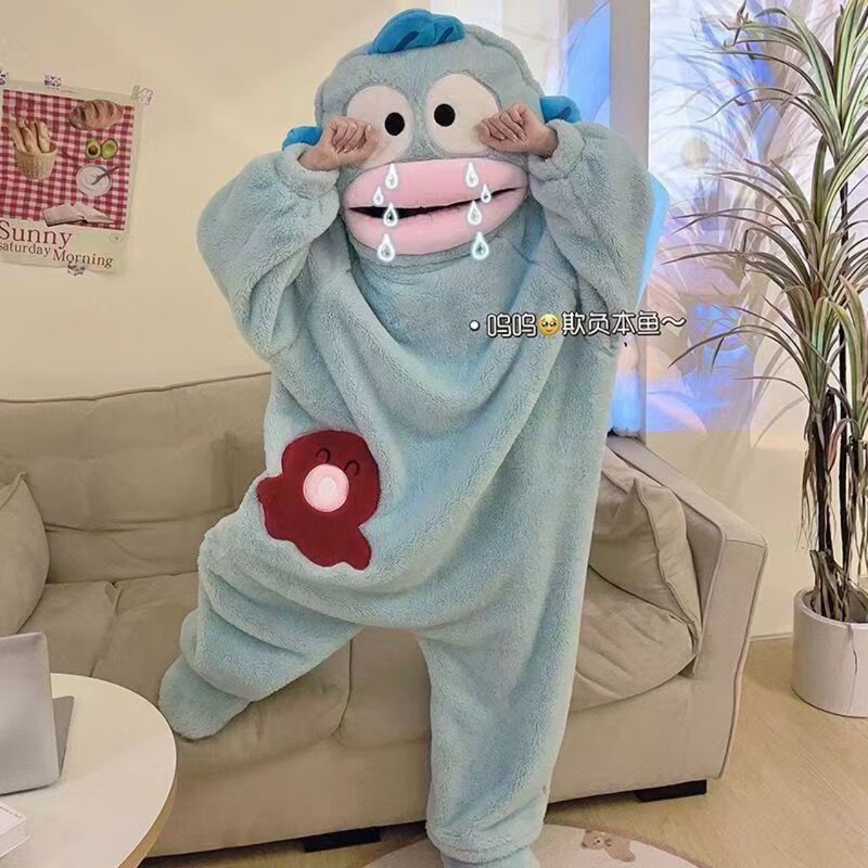 丑鱼汉顿可爱搞怪连体情侣睡衣男女冬季加绒加厚珊瑚绒卡通家居服|undefined
