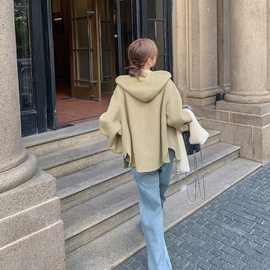 短款外套大衣女秋冬2025新款小个子宽松短款连帽毛呢羊毛外套