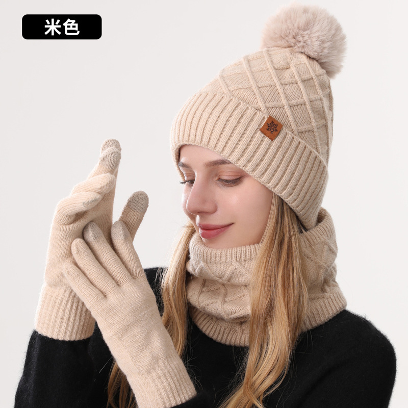 定制冬季针织帽女士防寒双层围脖户外保暖针织帽子围脖手套三件套|undefined