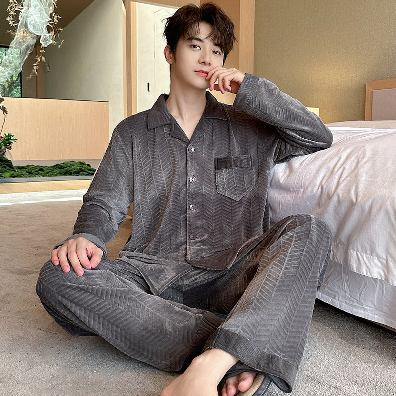 섬 벨벳 파자마 남자 가을 겨울 얇은 벨벳 따뜻한 산호 벨벳 홈 옷 봄과 가을 남성 카디건 얇은 벨벳 세트