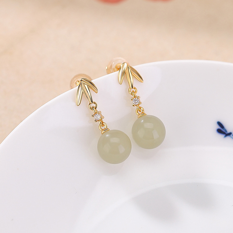 Bông tai nữ bạc S925 mạ vàng đính đá sodalite hình lá tre tròn — Mẫu sapphire