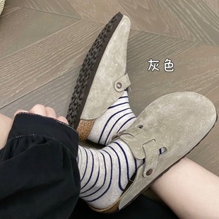 in stock Size 35-46 Full Genuine Leather Birkenth Shoes Women's Baotou Cork Bottom Height-increasing Half Slippers for Outer Wear Slip-on