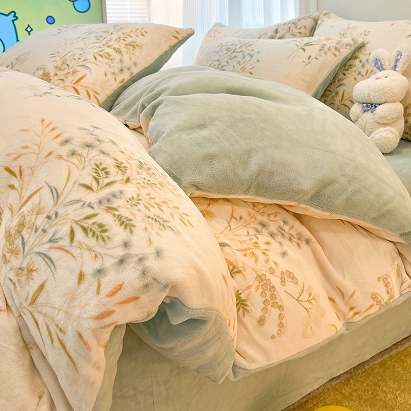 Juego de cuatro piezas de lana de leche gruesa de invierno 2024 nuevo juego de sábanas de tres piezas de lana de coral de doble cara más terciopelo