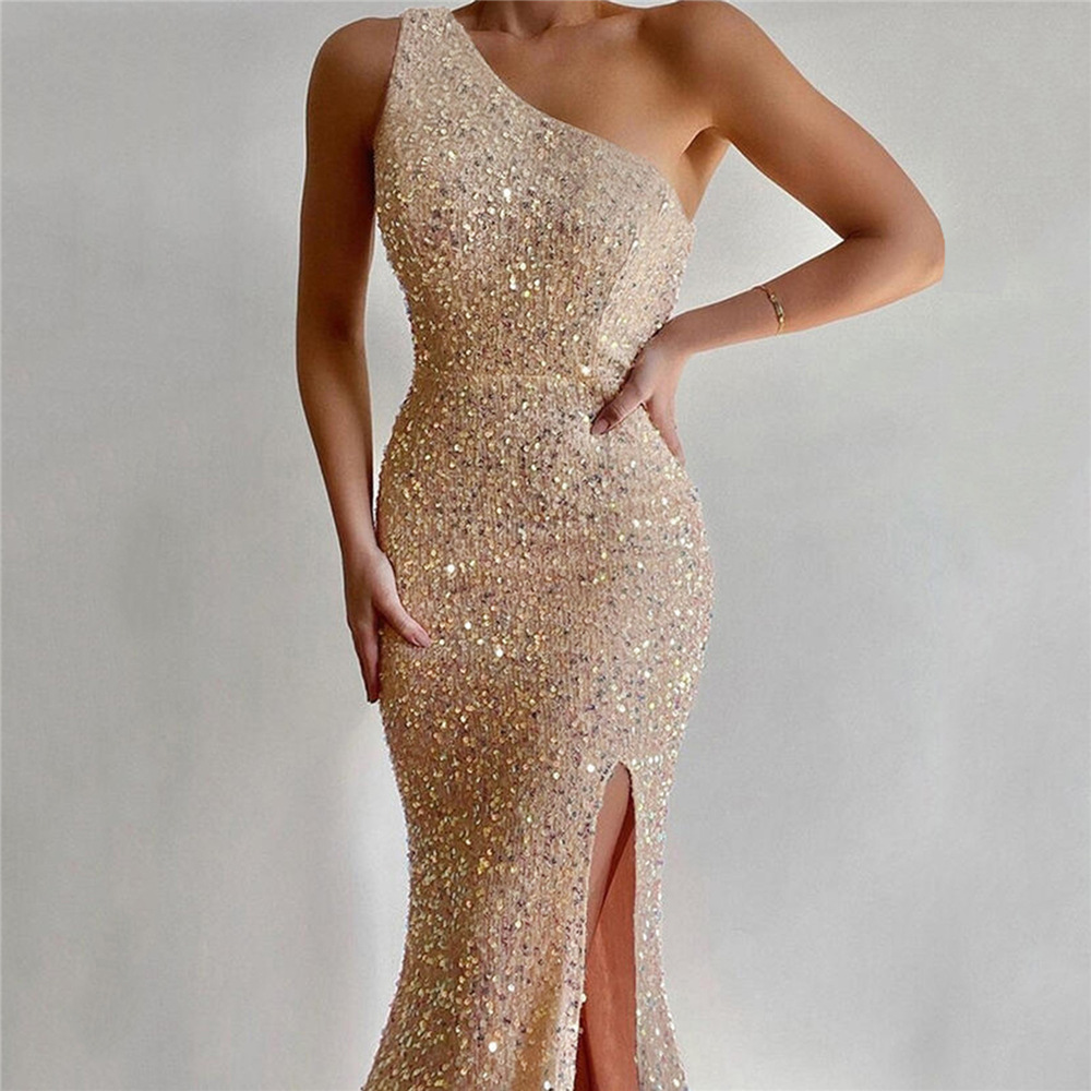 ne Shoulder All Over Iridescent Sequin Midi Dress, Asymmetrical Neck High Side Split Bodycon Formal Cocktail Evening Party Gown_ecoleips.com
