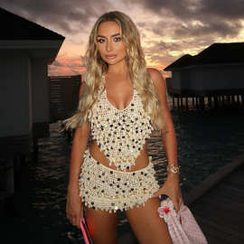 现货-2025年跨境欧美性感度假风贝壳装饰亮片短裙套装手钩吊带衫