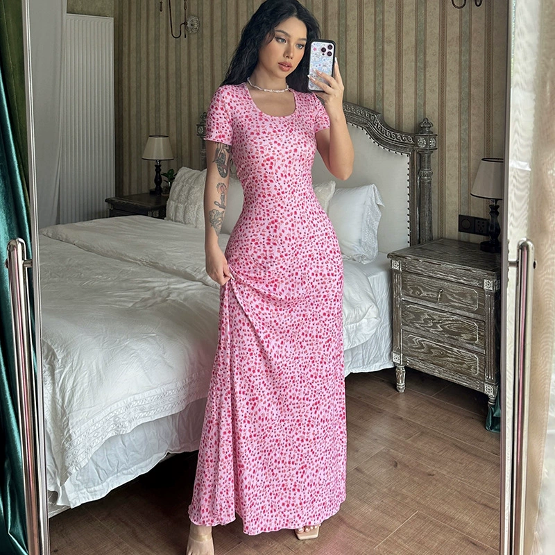 Amazon Самая продаваемая женская одежда, новинка лета 2025 года, модное платье с короткими рукавами и принтом U-образного выреза на спине, оптовая продажа