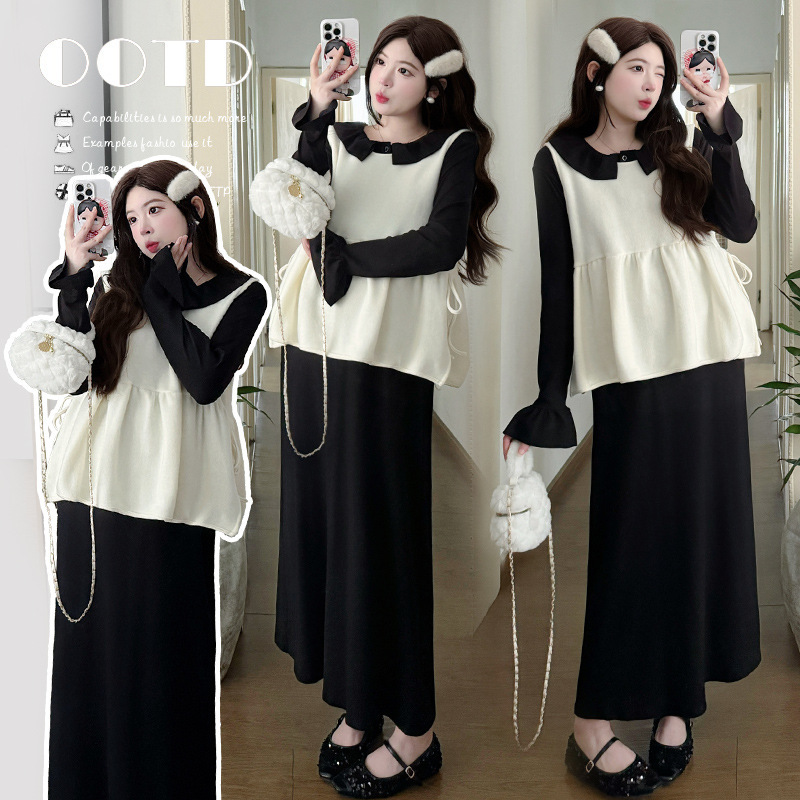 A Complete Set of Autumn and Winter Outfits, Retro Black Ruffled Bell-Sleeved Knitted Long-Sleeved Vest Slimming Suit