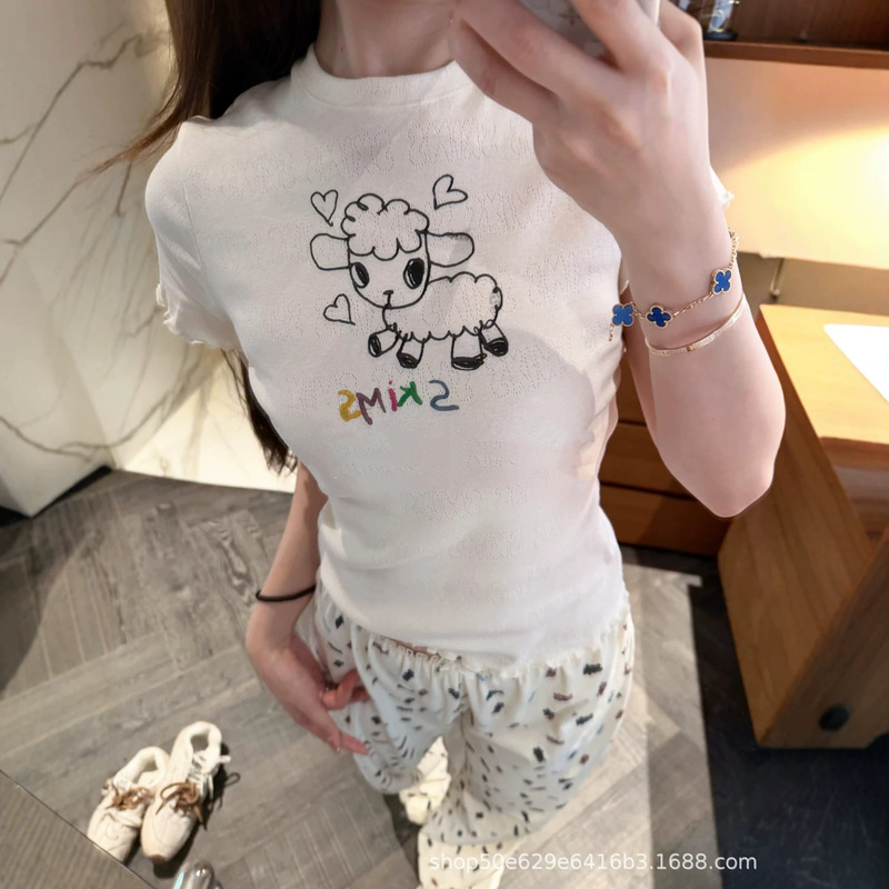 SKIMS Kardashian Easter limited edition lamb print graffiti lace T-shirt and pants set SKIMS Kardashian Easter limited edition lamb print graffiti lace T-shirt and pants set