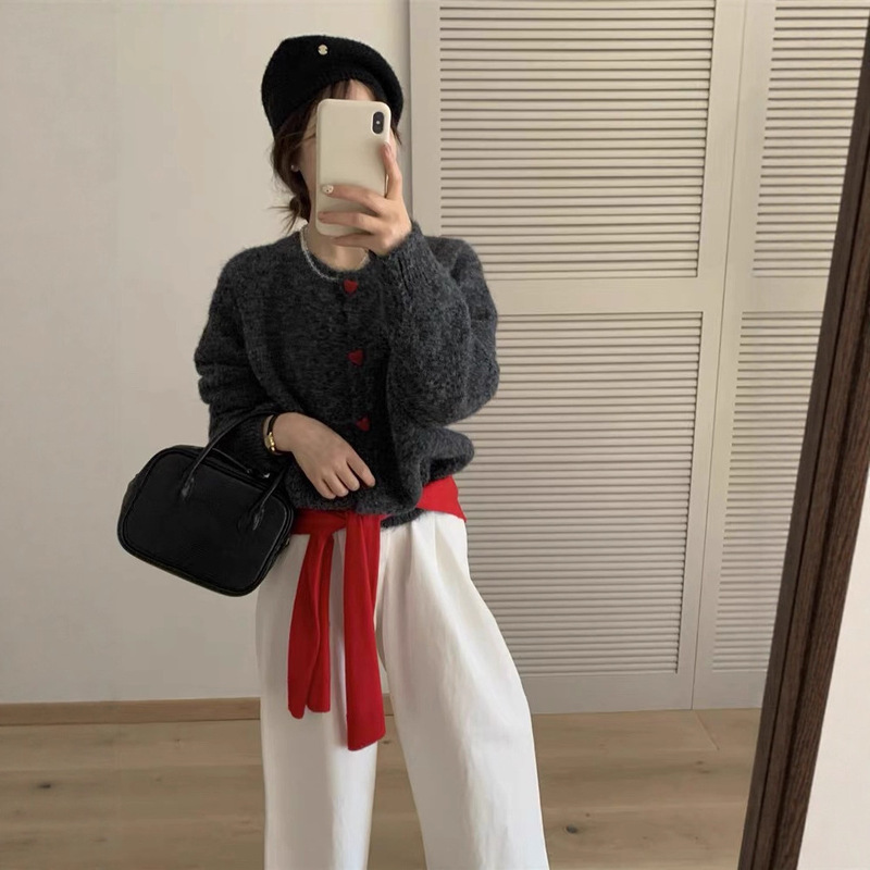 高级感爱心扣子毛衣外套女春季宽松奶fufu黄色针织开衫圆领上衣|undefined