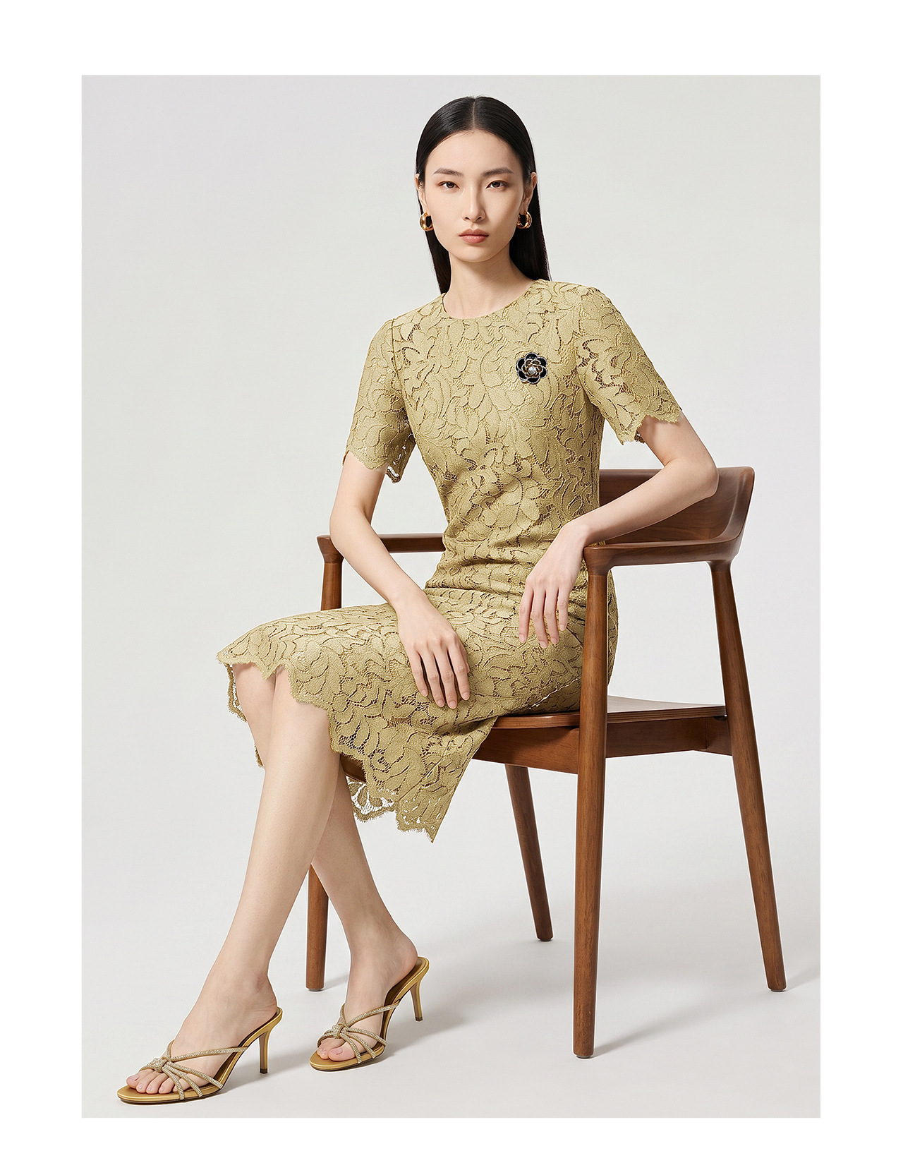 Đầm ren nữ tay ngắn thắt eo kiểu công chúa — màu vàng chi tiết 12