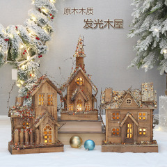 クリスマス装飾品原木木製発光小屋スパンコール小さな家デスクトップ装飾シーン配置置物