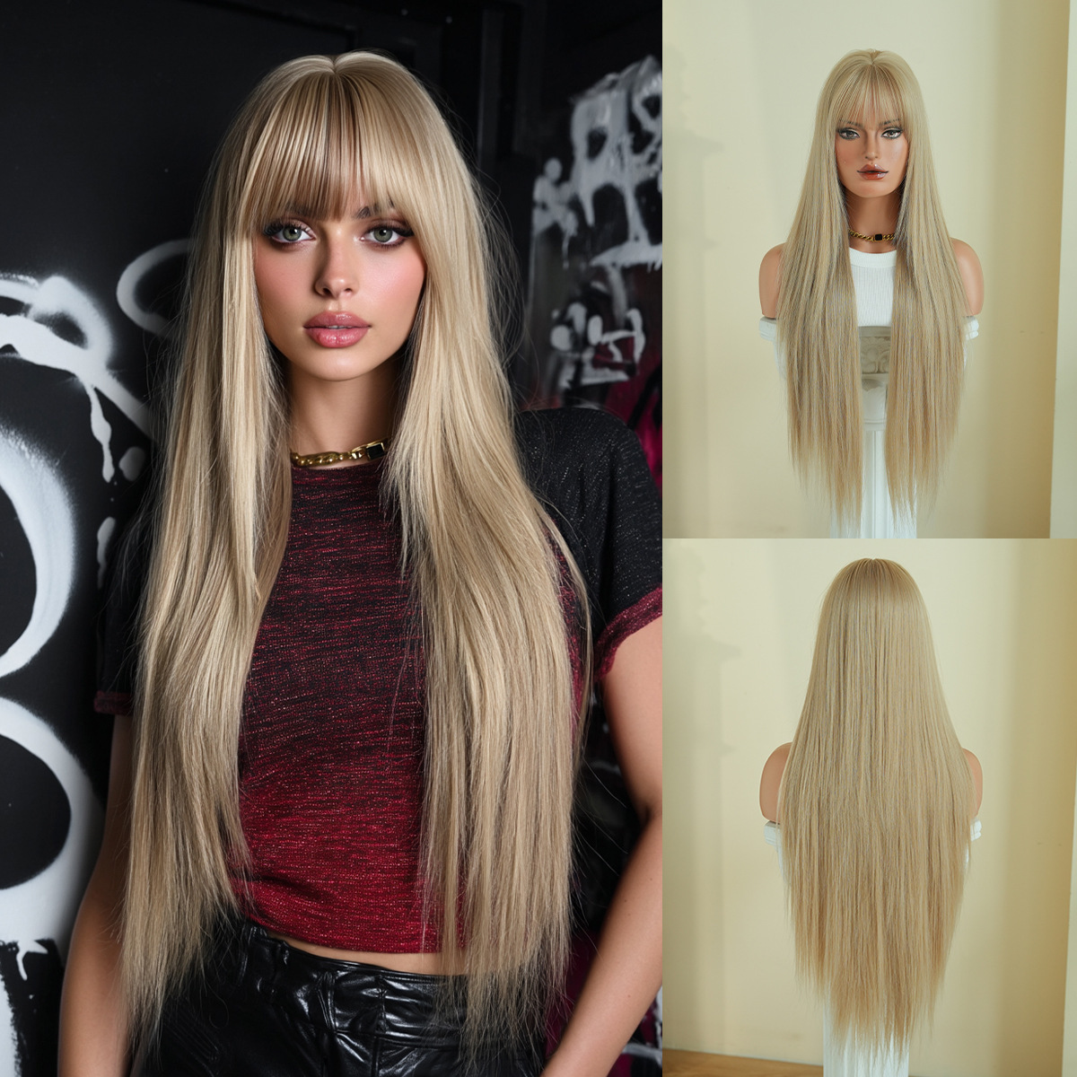 Peruca de moda femenina cara redonda capa de cabello recto super largo cabello negro completo peluca de alta calidad fibra química cubierta de cabeza