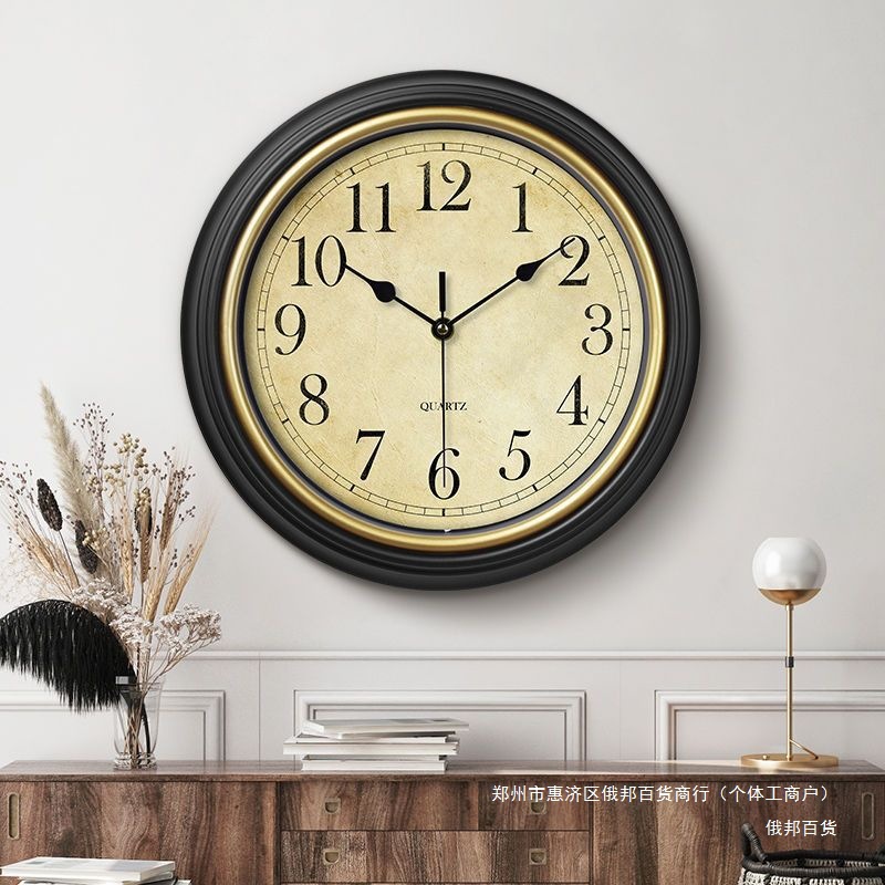European-Style Clock Hanging in the Living Room, Wall-Mounted Home American Retro Wall Clock, Silent Clock Decoration, Quartz Clock, No Drilling Required