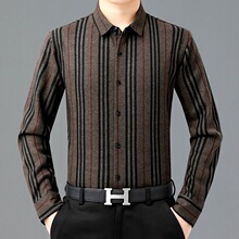 专柜高档男士衬衫冬季条纹加绒商务休闲免烫抗皱中年长袖正装衬衣