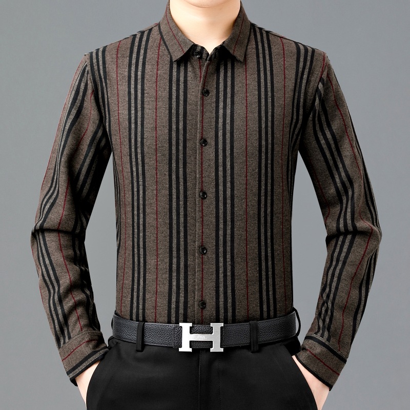 专柜高档男士衬衫冬季条纹加绒商务休闲免烫抗皱中年长袖正装衬衣